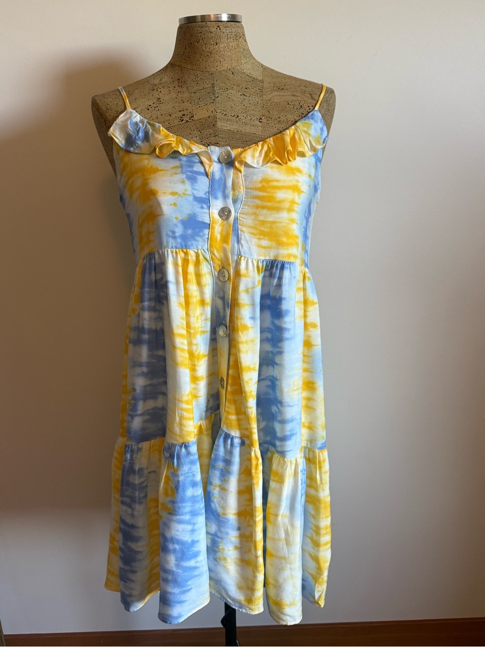 HYFVE Yellow & Blue Tie-Dye Ruffled Spaghetti Strap Mini Dress